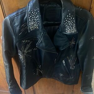 Women's Black Embellished Leather Moto Jacket